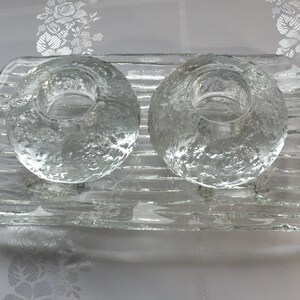 Vintage flattened orb shape ice ball like glass candle holders set of 2.Scandinavian modern art glass free form rectangular glass tray.