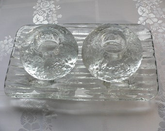 Vintage Scandinavian Art Glass Candle Holder Set with Tray