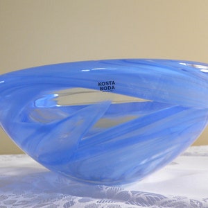 Kosta Boda Sweden blue and clear swirl art glass large bowl by Anna Ehrner. Summer sky blue large heavy bowl Swedish hand made art glass.