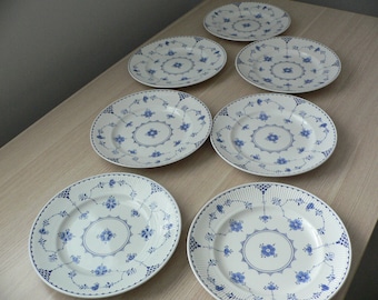 7 Furnivals Limited Denmark Blue dinner plates fluted rim white and blue ironstone from England.Denmark Furnivals Limited Trade Mark England