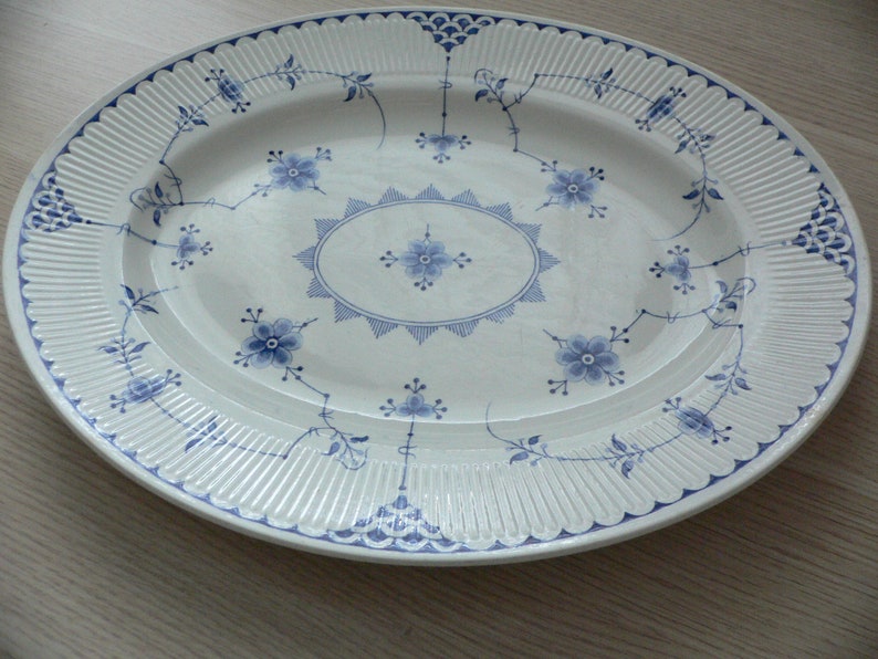 Furnivals Denmark Blue large oval serving platter fluted rim white and blue ironstone from England.Denmark Furnivals Trademark England. image 8