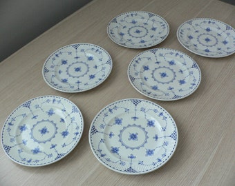 6 Furnivals Limited Denmark Blue salad breakfast plates fluted rim white and blue ironstone from England.Denmark Furnivals Limited England.