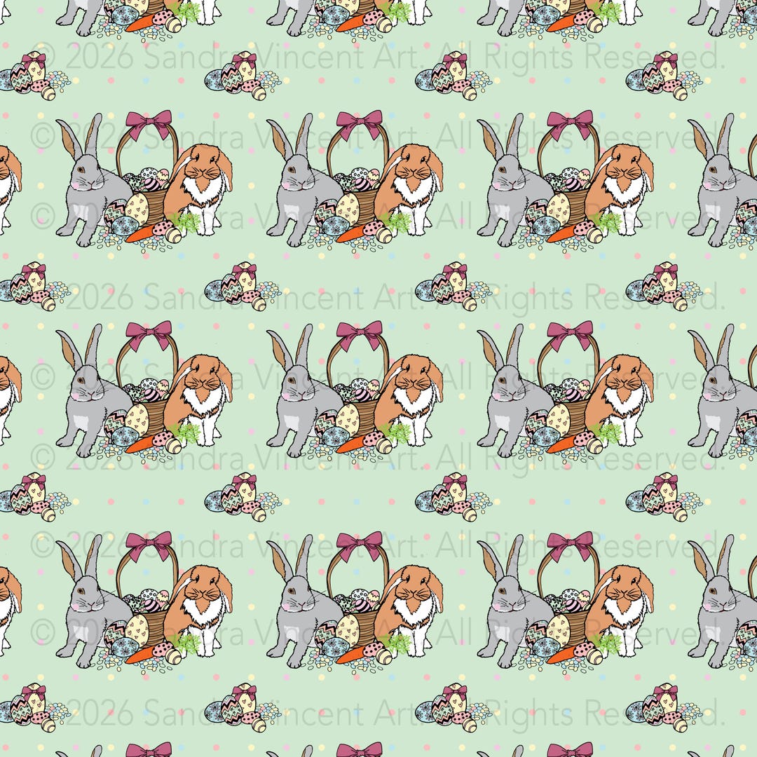 Easter Rabbit & Basket of Easter Eggs Seamless Repeat Pattern (green ...
