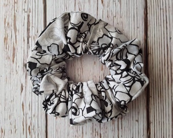 Black and white floral cotton fabric scrunchie