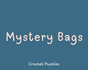 May include: A blue background with the text "Mystery Bags" in pink. Below the text is "Crochet Plushies" in white. The bottom of the image has a white crescent moon with stars and clouds and the text "CrescentStudiosCo Handmade Goods" in white.