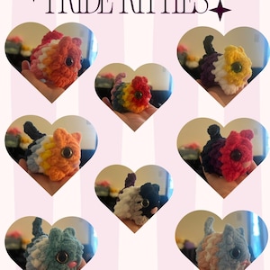 Puede incluir: Una colección de ocho pequeños gatos de peluche tejidos a ganchillo dispuestos en marcos con forma de corazón, con el texto PRIDE KITTIES en la parte superior. Cada gato presenta patrones de colores distintos, ojos oscuros y colas.