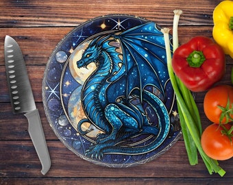 Dragon Pre-Printed Toughened Glass Chopping Board - Size 20/30cm Diameter - Chinchilla Effect (Ripple)