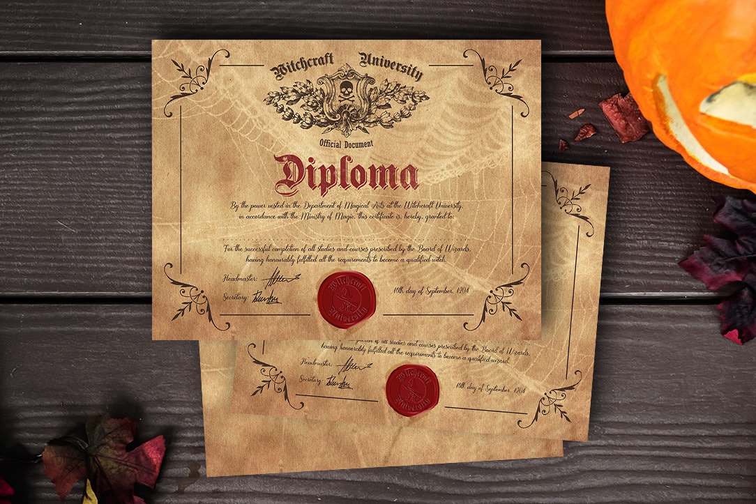Witches & Wizards Novelty Diplomas From The Ministry of Magic - Printed Parchment, Paper, or Aluminium.