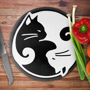 Yin Yang Cats - Pre-Printed Toughened Glass Chopping Board - Size 20cm or 30cm Diameter - Chinchilla Effect (Ripple)