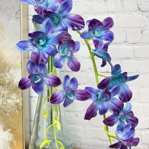 May include: A bouquet of blue and purple orchids in a clear glass vase. The orchids have a gradient of color from blue to purple.