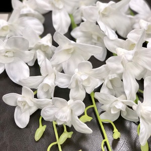 May include: A bunch of white silk orchid flowers with green stems. The flowers are arranged in a cluster and have a delicate, elegant appearance.