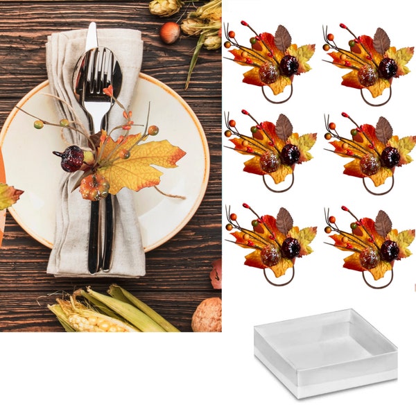 Boxed-6pc Set: Fall Napkin Ring-Maple leaves pumpkin berries