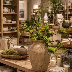 May include: A large, textured, beige ceramic vase with a wide base and narrow neck, filled with long, winding brown branches adorned with bright green moss and delicate fern-like foliage, creating a natural, organic arrangement.