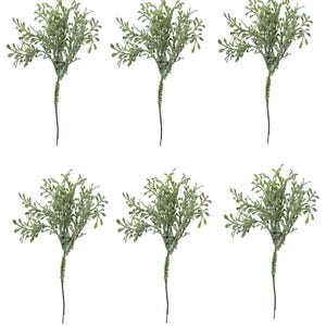 May include: Six sprigs of artificial greenery with a frosted finish. The sprigs are green and have a natural, leafy appearance.