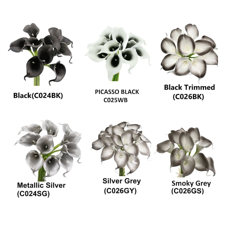 May include: A set of ten artificial calla lilies in various colors, including black, white, silver, and gray. The flowers are arranged in a bouquet and are perfect for adding a touch of elegance to any home or event.