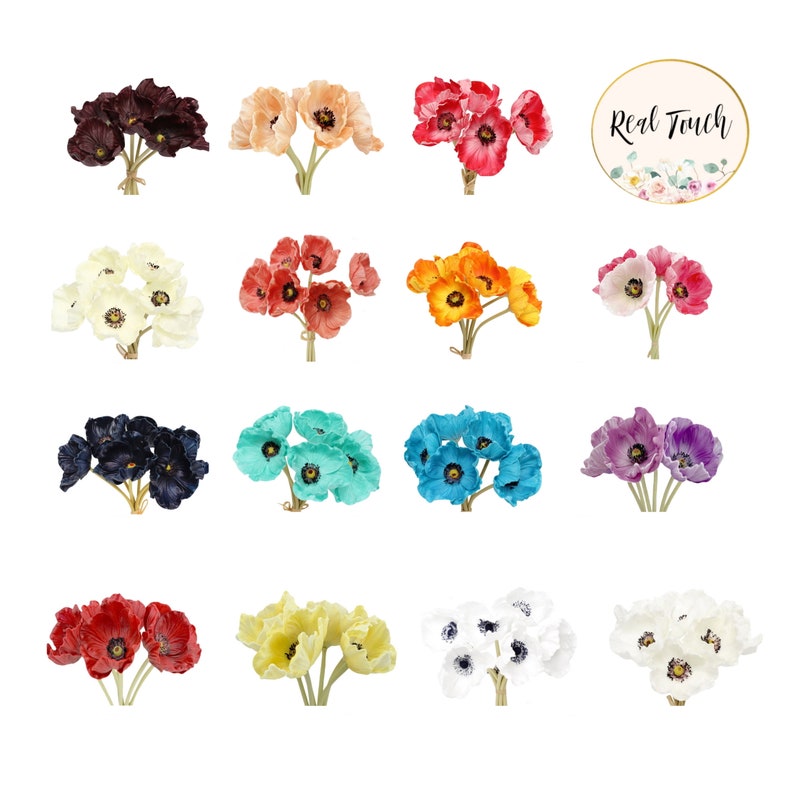 May include: Assortment of 12 bunches of artificial poppy flowers in various colors, including red, orange, yellow, white, blue, purple, pink, and black. Each bunch has 6 flowers.