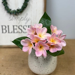 May include: A bouquet of pink and yellow plumeria flowers in a white speckled ceramic vase. The flowers are arranged in a cluster and have a delicate, tropical feel.