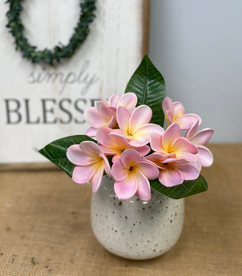 May include: A bouquet of pink and yellow plumeria flowers in a white speckled ceramic vase. The flowers are arranged in a cluster and have a delicate, tropical feel.