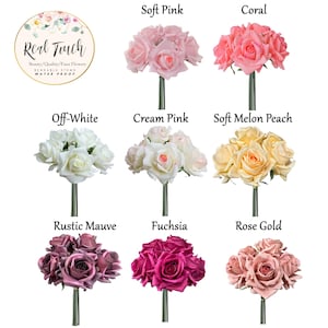 May include: Assortment of faux rose bouquets in various colours, including soft pink, coral, off-white, cream pink, soft melon peach, rustic mauve, fuchsia, and rose gold. Real Touch Beauty/Quality/Faux Flowers, Rendable Stems, Water Proof.