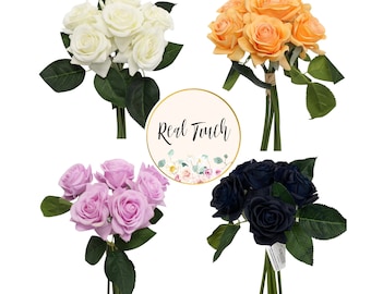 Real Touch Rose Bouquet - Artificial Silk Flowers, Bendable Stems (Set of 6 Stems)