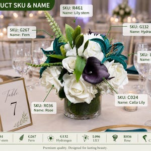 May include: A floral arrangement in a clear glass vase featuring white roses, white hydrangeas, dark teal lilies, and a deep purple calla lily. A green fern stem extends from the top. Text labels identify the components as SKU: R461 Lily stem, G267 Fern, G132 Hydrangea, L096 Lily, R036 Rose, and C024 Calla Lily.