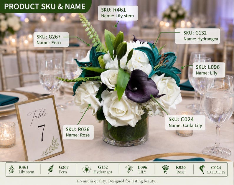 May include: A floral arrangement in a clear glass vase featuring white roses, white hydrangeas, dark teal lilies, and a deep purple calla lily. A green fern stem extends from the top. Text labels identify the components as SKU: R461 Lily stem, G267 Fern, G132 Hydrangea, L096 Lily, R036 Rose, and C024 Calla Lily.