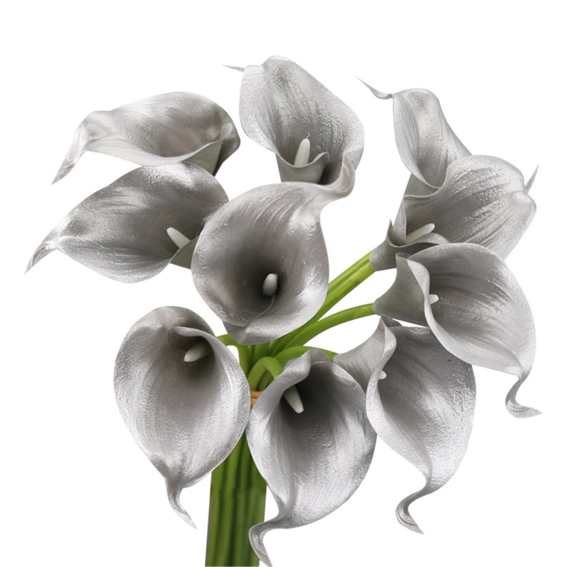 May include: A bouquet of eight silver artificial calla lilies with green stems.