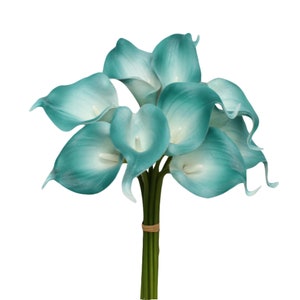 Oasis Teal Real Touch Flowers: Calla Lily, Plumeria, Rose DIY Bouquet Teal Trimmed Calla