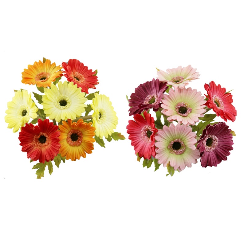 May include: Two bunches of artificial daisy flowers. The first bunch has yellow, orange, red, and pink flowers. The second bunch has pink, purple, and white flowers.