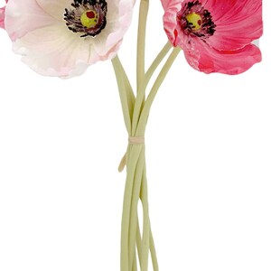 May include: A bouquet of six artificial pink and white poppy flowers with green stems tied together.