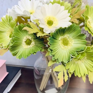 May include: A bouquet of white and green artificial daisies in a clear glass vase. The flowers are arranged in a cluster with the white daisies in the centre and the green daisies surrounding them.