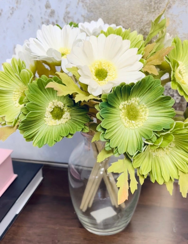 May include: A bouquet of white and green artificial daisies in a clear glass vase. The flowers are arranged in a cluster with the white daisies in the centre and the green daisies surrounding them.