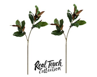 May include: Two artificial magnolia stems with green leaves and brown accents. The stems are long and slender, and the leaves are arranged in a natural, flowing pattern. The stems are perfect for adding a touch of greenery to any space.