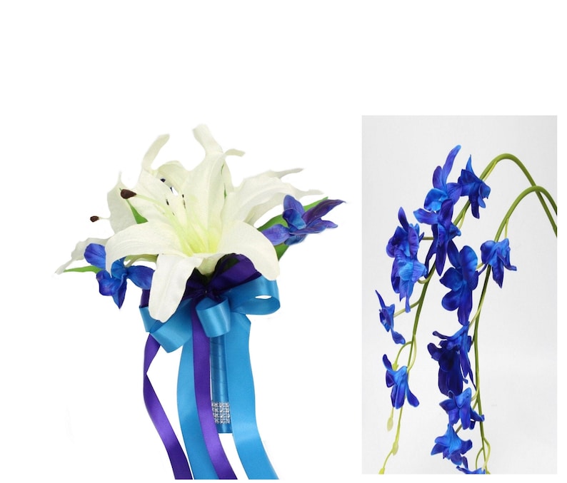 May include: A white lily and blue orchids bouquet with a blue and purple ribbon.