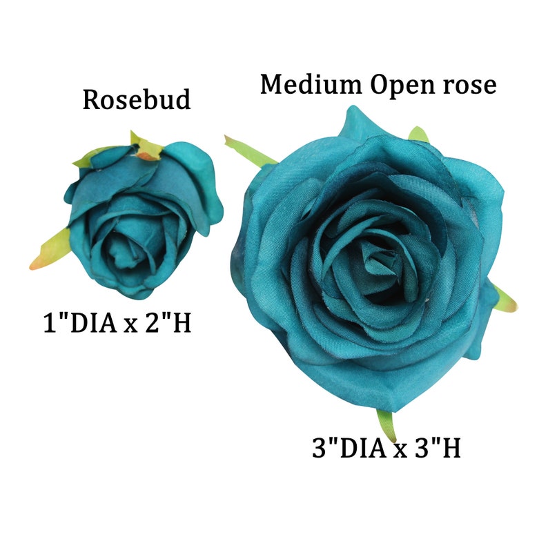 May include: A teal rosebud labeled 1"DIA x 2"H and a medium open teal rose labeled 3"DIA x 3"H. Both artificial flowers feature layered petals and small green sepals at the base, presented against a plain white background for clear size comparison.