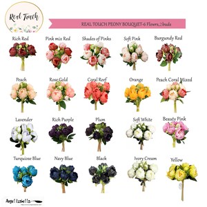 May include: A selection of 15 different colored artificial peony bouquets, each with 6 flowers and 2 buds. The bouquets are arranged in a grid with the color names listed below each bouquet. The colors include rich red, pink mix red, shades of pinks, soft pink, burgundy red, peach, rose gold, coral reef, orange, peach coral mixed, lavender, rich purple, plum, soft white, beauty pink, turquoise blue, navy blue, black, ivory cream, and yellow.