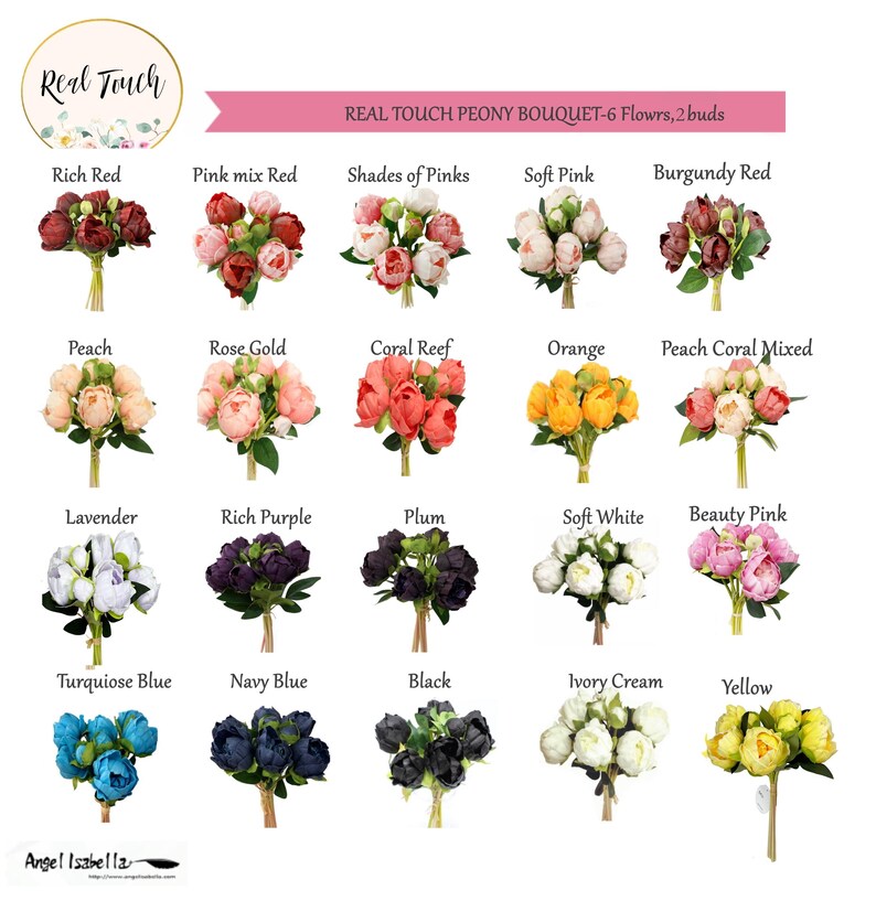 May include: A selection of 15 different colored artificial peony bouquets, each with 6 flowers and 2 buds. The bouquets are arranged in a grid with the color names listed below each bouquet. The colors include rich red, pink mix red, shades of pinks, soft pink, burgundy red, peach, rose gold, coral reef, orange, peach coral mixed, lavender, rich purple, plum, soft white, beauty pink, turquoise blue, navy blue, black, ivory cream, and yellow.