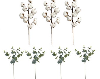 Pack of 7-Artificial Cotton Stems and Eucalyptus Branches Combo – Rustic Home Decor Floral Arrangement