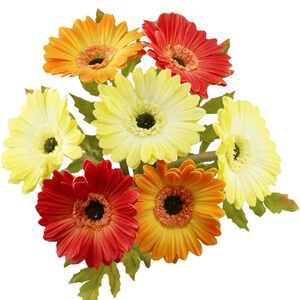 May include: A bouquet of artificial gerbera daisies in shades of yellow, orange, and red. The flowers have a realistic appearance and are arranged in a cluster.