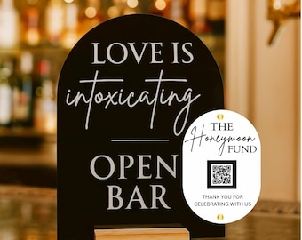 Custom Acrylic Open Bar & Honeymoon Fund Sign with QR Code