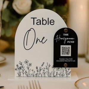 Floral Acrylic Wedding Table Number Sign with QR Code: Capture the Love or Honeymoon Fund
