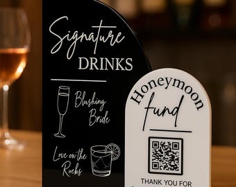Custom Acrylic Signature Drink Sign Set: Wedding Bar Decor with QR Code
