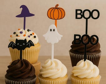 Halloween Cupcake Toppers | Ghost, Bat, Pumpkin, Witch Hat, Boo | Halloween Party Decorations