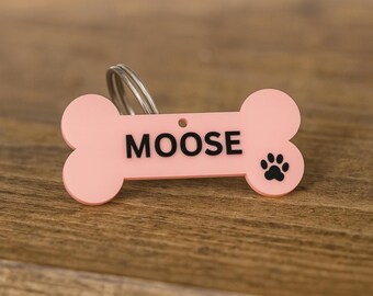 Personalized Bone Dog Tag: Engraved Acrylic Pet ID with Paw Print