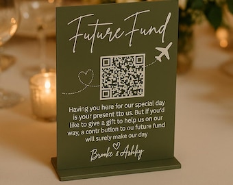 Honeymoon/Future Fund Sign with QR Code – Wedding Reception Table Sign, Acrylic Display in Multiple Sizes & Colors - Custom Future fund