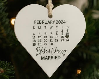 Personalized Wedding Date Ornament: Acrylic Heart Calendar, Newlywed Gift