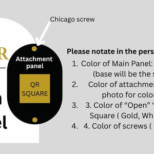 May include: A graphic with text for an "Open Bar" sign. The design includes a black attachment panel with a gold QR square. Instructions are provided for color customization of the main panel, attachment panel, and screws.