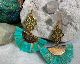 earrings with tassels; mint green color earrings ; earrings with gold flower; summer earrings; green tassels Earrings handmade earrings