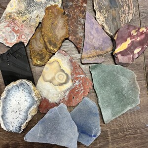 High quality slab mixtures, assorted pieces, purple jade, mookite jasper, rainbow obsidian, rhyolite, jasper, dendritic opal