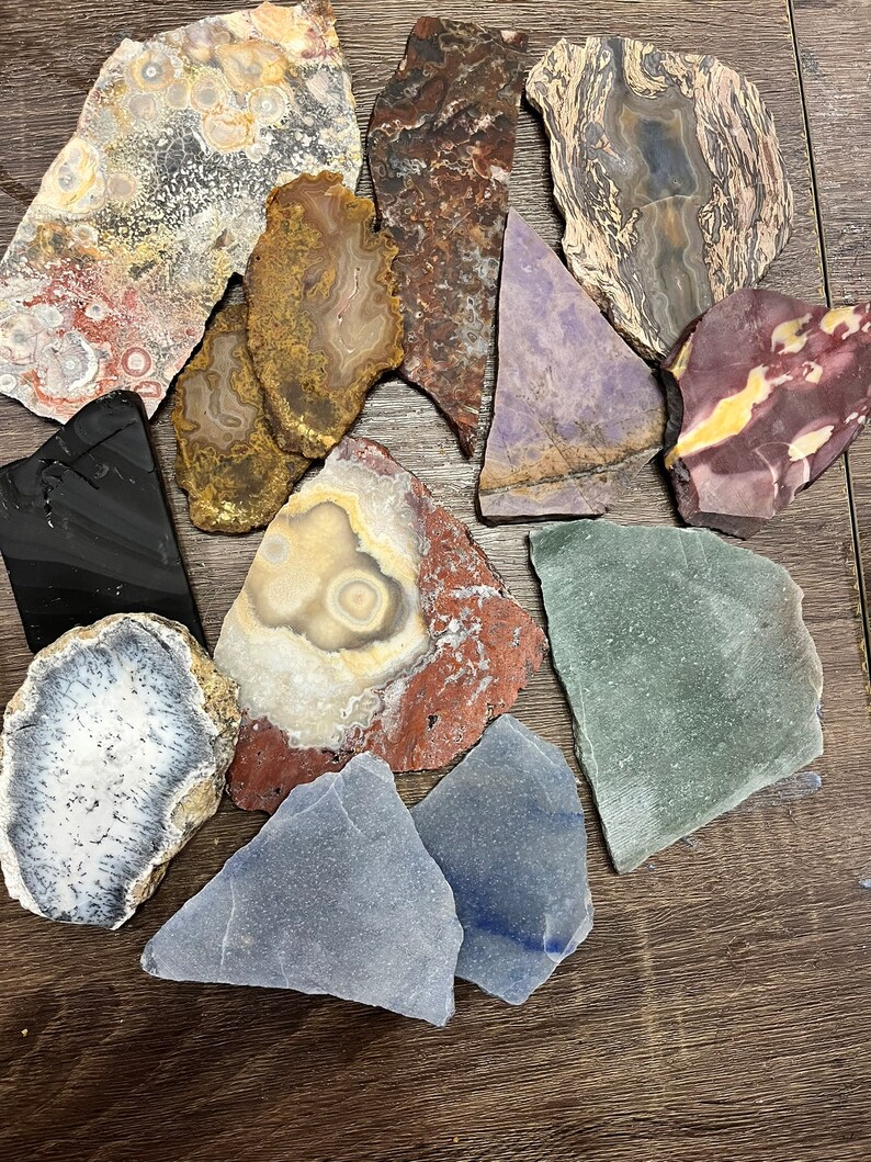 High quality slab mixtures, assorted pieces, purple jade, mookite jasper, rainbow obsidian, rhyolite, jasper, dendritic opal